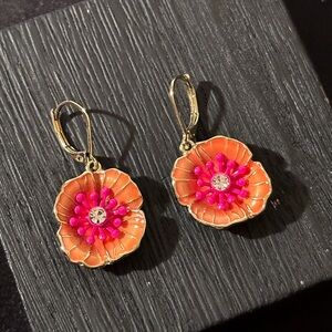Vintage Flower Orange Pink Gold Silver Rhinestone Dangling Drop Earrings